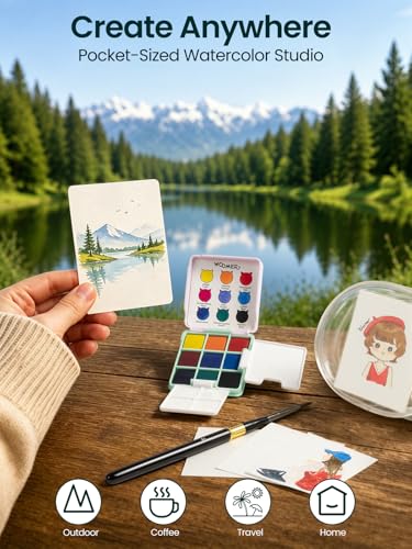 Woomer 9-Color Travel Watercolor Pan Set with Brush, Cup & Display Pouch