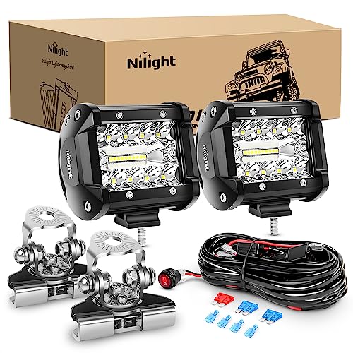 Nilight 2PC 4Inch Triple Row Lights 60W Flood Spot Combo 6000LM Bar Driving Boat Led Off Road Trucks with Adjustable Pillar Hood Mount Bracket Clamp Holder and Wiring Harness Kit - color: Led Pods+ Wiring +Pillar Hood