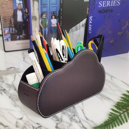 Remote Control Holder - 5 Spacious Compartments TV remote holder Caddy Leather Control Storage Tabletop Desk Organizer for Remote Controller,Office Stationery,Makeup Brush - color: Dark Brown1
