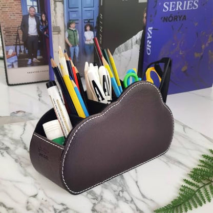 Remote Control Holder - 5 Spacious Compartments TV remote holder Caddy Leather Control Storage Tabletop Desk Organizer for Remote Controller,Office Stationery,Makeup Brush - color: Dark Brown1