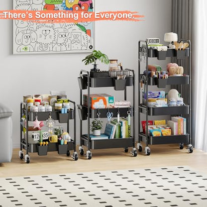 2 Tier Small Rolling Cart Metal with Wheels, Black Under Desk Storage Carts - color: Matte Black, size: 2 Tier + Cups + Hooks