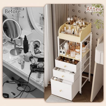 Makeup Organizer Cart with Drawers Rolling Makeup Cart for Bedroom - color: White