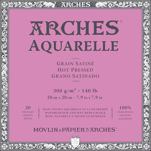 Arches Aquarelle Hot Pressed Watercolor Block, 7.9x7.9 inches, 140lb, 20 Sheets