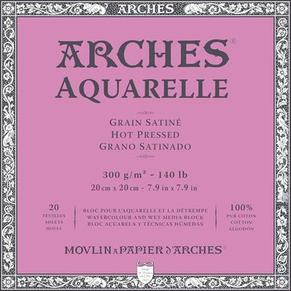 Arches Aquarelle Hot Pressed Watercolor Block, 7.9x7.9 inches, 140lb, 20 Sheets