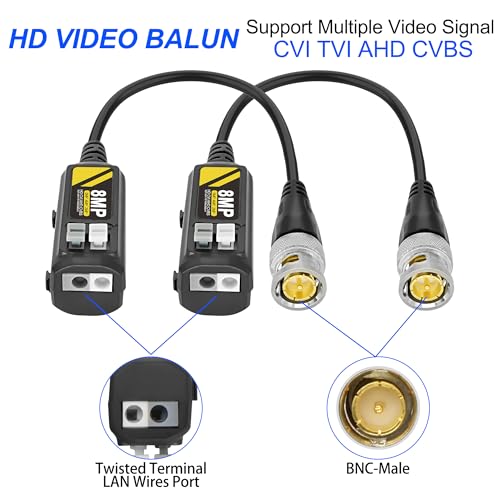 MEIRIYFA 8MP Passive HD BNC Video Balun Connectors Passive AHD/TVI/CVI/CVBS Transceiver Transmitter for 720P/960P/1080P/3MP/4MP/5MP/8MP CCTV Security Cameras - 2 Pairs