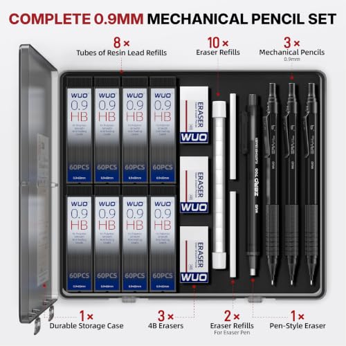 WUO 0.9mm Mechanical Pencil Set, 3 Pack Black Metal Drafting Pencils - color: Black, size: 0.9