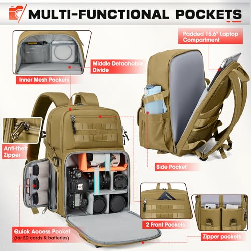 RAINSMORE Camera Backpack, DSLR/SLR/Mirrorless Camera Bag for Photographers - color: Khaki