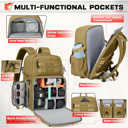 RAINSMORE Camera Backpack, DSLR/SLR/Mirrorless Camera Bag for Photographers - color: Khaki