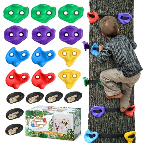 TOPNEW 12 Ninja Tree Climbing Holds for Kids Climber, Adult Climbing Rocks with 6 Ratchet Straps for Outdoor Ninja Warrior Obstacle Course Training - style: 12 Pcs Multicolor Color 1