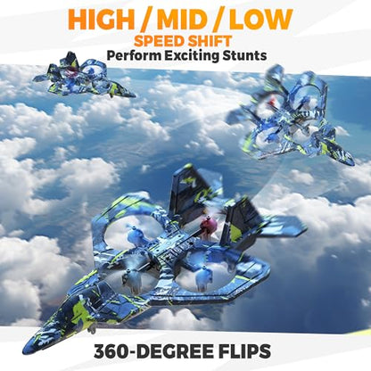 BEZGAR HQ057X RC Fighter Airplane丨Mini Drone Remote Control Jet Plane Stunt Drone for Adults & Kids Toy with Light Gift for Kids Beginner Blue - color: Camouflage Blue