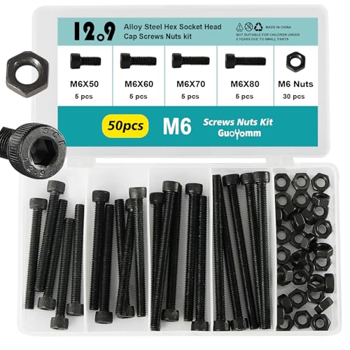 50PCS M6 x 50mm 60mm 70mm 80mm, Hex Socket Head Cap Screws Bolts Nuts Kit, 12.9 Grade Alloy Steel, Black Oxide Finish, Metric Allen Drive, Fully Threaded - size: Socket M6x50/60/70/80mm