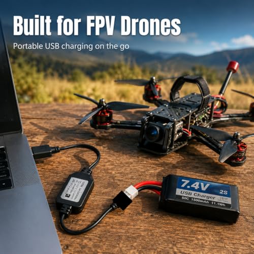 7.4V 1A USB Charging Cable for RC Batteries (2S Lipo), XH-3P Connector, 2-Pack - Works with SCX24, FPV Drones, SplatRBall