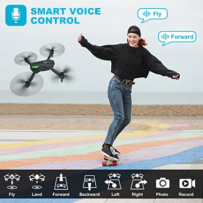 Drone with 1080P Camera for Beginners and Adults, Foldable Remote Control Quadcopter with Voice Control, Gestures Selfie, Altitude Hold, One Key Start, 3D Flips, 2 Batteries, Toy for Beginners - color: Green