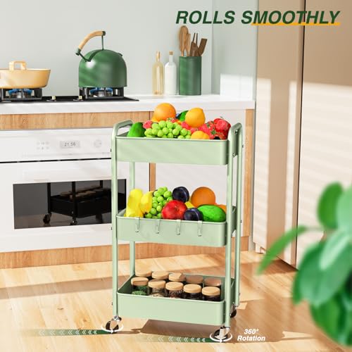 LEHOM 3 Tier Rolling Cart, Metal Rolling Utility Cart with Lockable Wheels - color: Green