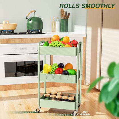 LEHOM 3 Tier Rolling Cart, Metal Rolling Utility Cart with Lockable Wheels - color: Green