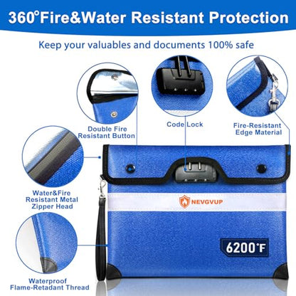 6200F Fireproof Money Bag with Lock, Upgraded A5 Document Bag w/ Zipper/Reflective Strip, 9 Layers Heat Insulated, Water Resistant - color: Blue, size: Inside Size 10.5" x 8.0"