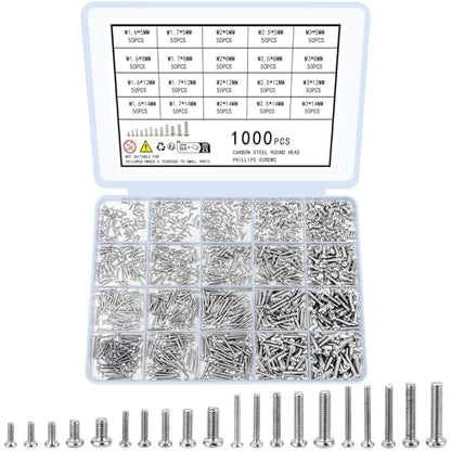 1000 Pcs Tiny Screws for Electronics, M1.6 M1.7 M2 M2.5 M3 Round Head Mini, Replacement Computer Screws, Small Machine Assortment Kit for Laptop Notebook Glasses Repair(1000)