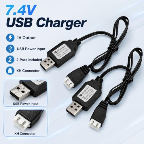 7.4V 1A USB Charging Cable for RC Batteries (2S Lipo), XH-3P Connector, 2-Pack - Works with SCX24, FPV Drones, SplatRBall