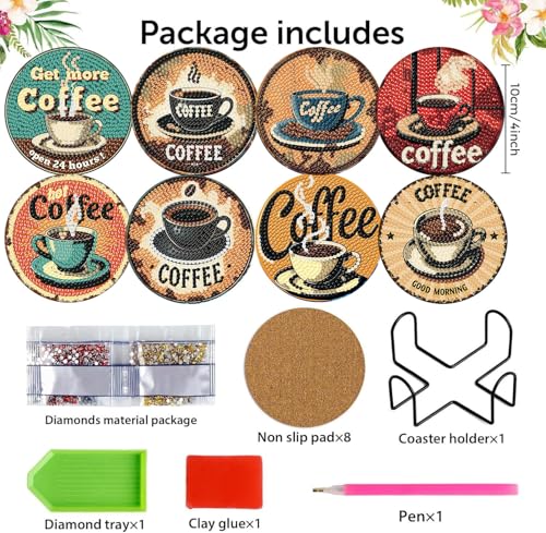 8 Pack Diamond Art Coasters,Coffee Retro Diamond Painting Coasters Kits - color: Coffee Coasters