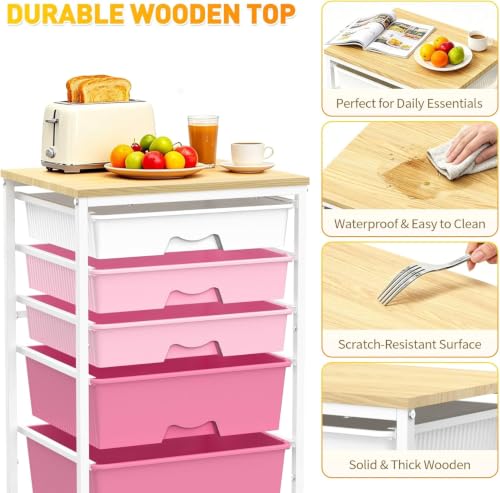 SUNALLY Rolling Carts with 5 Drawers, Storage Drawer Carts for Craft, Pink - color: Pink