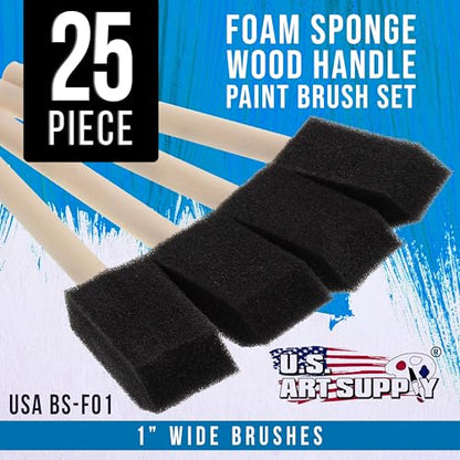 US Art Supply 1 inch Foam Sponge Wood Handle Paint Brush Set, 25-Pack