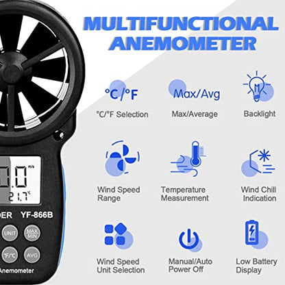 Anemometer Handheld, INFURIDER CFM Meter, Digital Wind Speed Meter, HVAC Air Flow Meter with Temperature and Wind Chill, Anemometer with Backlight and Max/Min - color: 1.YF-866B(Basic)