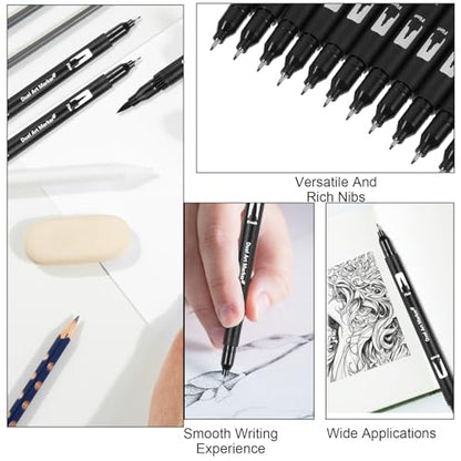 12 Pack Black Drawing Pens Felt Tip Brush Pen Fineliner Ink Pens