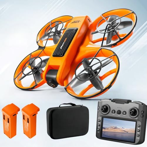 Brushless Drone with Camera, 4.92" Screen Remote, Drones for Adults - color: Orange + 2 batteries