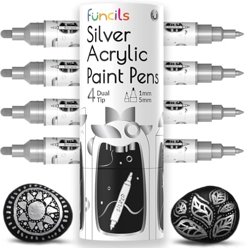 4 Metallic Silver Paint Pen, Acrylic (Dual Tip) - Fine Tip & Medium - color: Silver