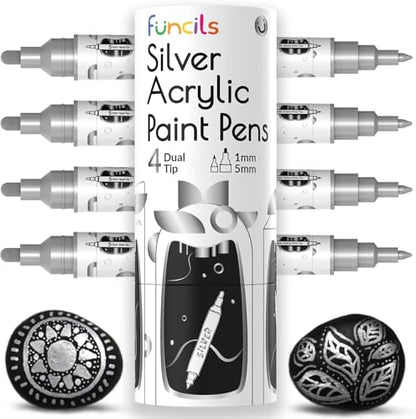 4 Metallic Silver Paint Pen, Acrylic (Dual Tip) - Fine Tip & Medium - color: Silver
