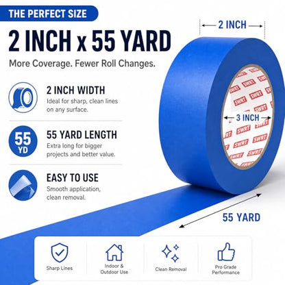SWRT Blue Painters Tape 2 Inch Wide, 6 Rolls x 55 Yards, Washi Masking Tape