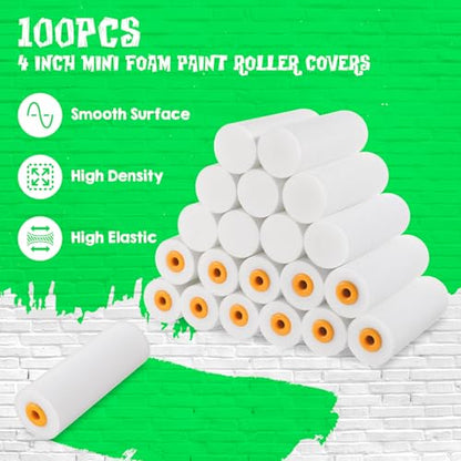 100 Pcs 4 Inch Foam Paint Roller High Density Foam Roller Mini Paint Roller Refills Paint Edger Tool for Walls Brings Smooth Finishes Flat Surfaces