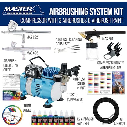 Master Airbrush Cool Runner II Air Brush Kit with Air Compressor Dual Fan - color: Cool Blue