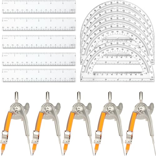 20 Pieces Geometry Math Set Compass for Geometry Math Compass and Protractor Set Include Metal Compass with Pencil Plastic Ruler and Protractor for Student School Office Woodworking Drawing Tools