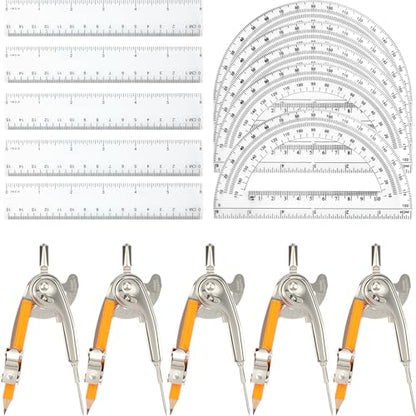 20 Pieces Geometry Math Set Compass for Geometry Math Compass and Protractor Set Include Metal Compass with Pencil Plastic Ruler and Protractor for Student School Office Woodworking Drawing Tools