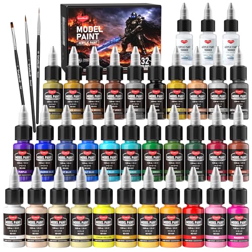 Smallbudi 32 Colors Model Paint Set 20ml/0.6oz Miniature Acrylic Paint - color: 32 Colors with 3 Thinner