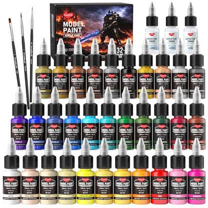 Smallbudi 32 Colors Model Paint Set 20ml/0.6oz Miniature Acrylic Paint - color: 32 Colors with 3 Thinner