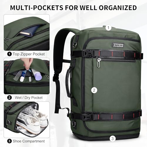 WITZMAN Travel Backpack for Men 35L TSA Friendly Flight Approved - color: Army Green