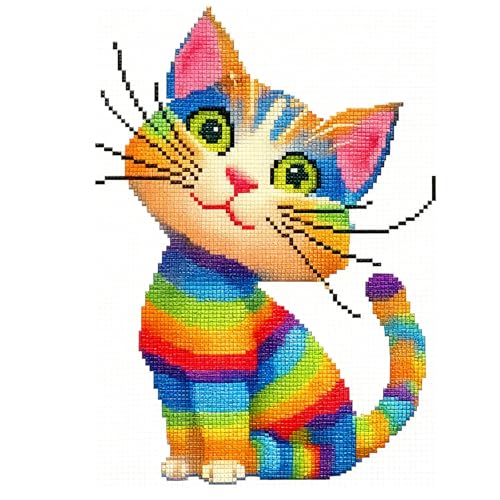 Zhenging Rainbow Cat Cross Stitch Kit for Beginners - 11CT Pre-Printed 30x40cm Fabric with Threads & Needle (No Tools)(67037)