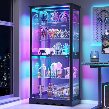 Dystler Display Cabinet with Glass Doors, RGB Lights for Collectibles - color: Black