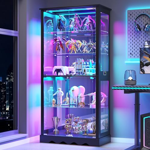 Dystler Display Cabinet with Glass Doors, RGB Lights for Collectibles - color: Black