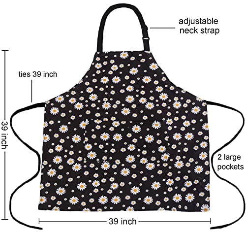 Plus Size Adjustable Bib Apron Water Resistant Canvas Extra Wide Long Ties Aprons with 2 Pockets Kitchen Cooking Gardening - color: Daisy