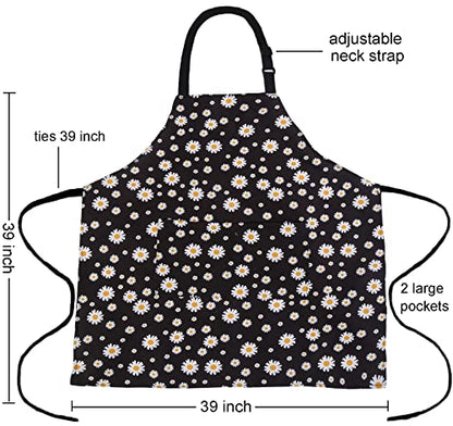 Plus Size Adjustable Bib Apron Water Resistant Canvas Extra Wide Long Ties Aprons with 2 Pockets Kitchen Cooking Gardening - color: Daisy