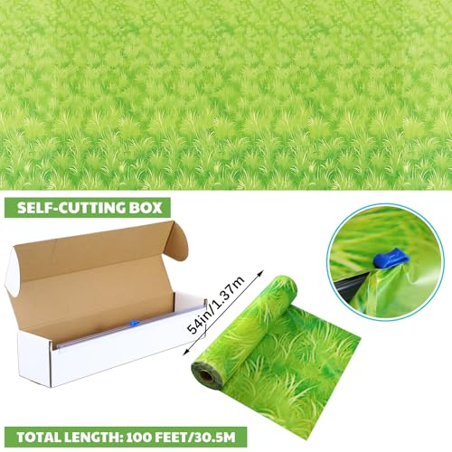 Oudain 54 Inch x 100 ft Meadow Green Grass Tablecloth Roll with Cutter Box - style: Green Grass