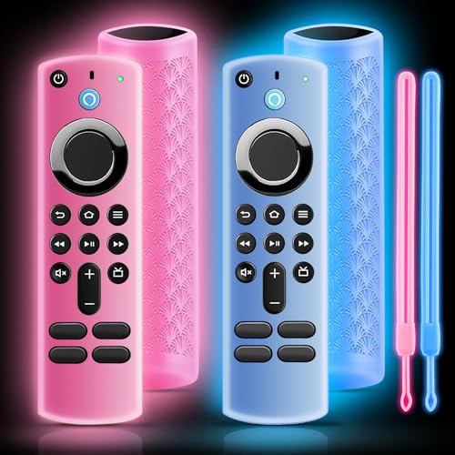 ONEBOM (2 Pack) Silicone TV Remote Cover,Anti Slip Silicone Protective Case with Same Color Lanyard（Glow Pink&Glow Blue） - color: (Colored Lanyard)Glow Blue&Glow Pink