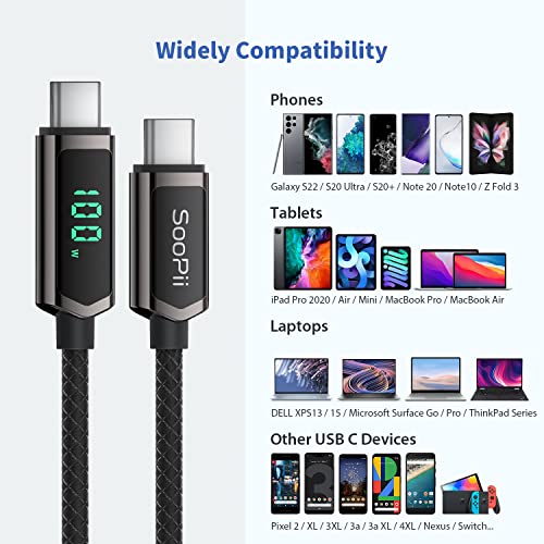 SOOPII 100W USB C Cable with LED Display,Nylon Braided,Black [6.6FT,2Pack] - color: Black, size: 6.6 Feet (2-Pack) 100W