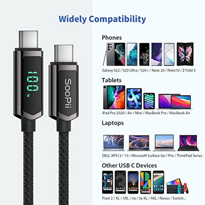 SOOPII 100W USB C Cable with LED Display,Nylon Braided,Black [6.6FT,2Pack] - color: Black, size: 6.6 Feet (2-Pack) 100W