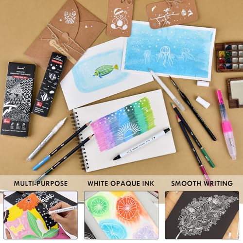 Brusarth White Pens Set, White Gel Pens, Dual-Tip Acrylic Paint Pen