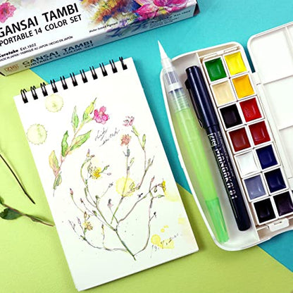 Kuretake Gansai Tambi Portable Watercolor Paint Set, 14 Colors, Japan