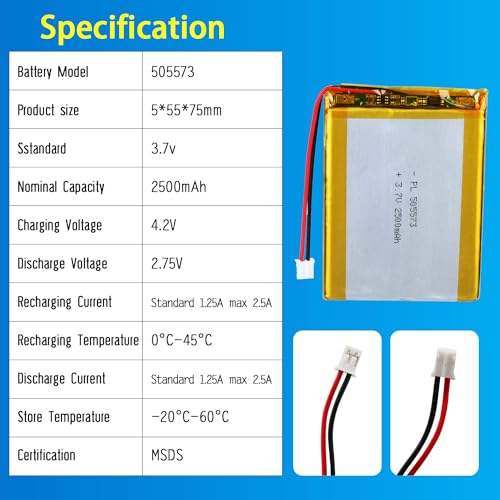 505573 3.7V Lipo Battery 2500mAh 505573 Rechargeable Lithium - size: 505573 2500mAh